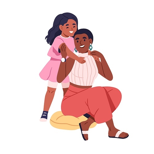 Mom and daughter hugging. Happy African-American mother and little girl. Black woman and kid. Child embracing parent with support, love, care. Flat vector illustration isolated on white background.