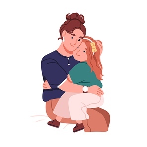 Hugging mother and daughter. Happy mom and girl child embracing. Cute kid sitting on mum knees, cuddling woman parent with love, support, care. Flat vector illustration isolated on white background.