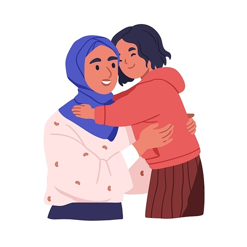 Muslim mother and daughter. Happy Arab mom and kid hugging. Smiling mum in hijab and girl child embracing together. Parents love and support. Flat vector illustration isolated on white background.