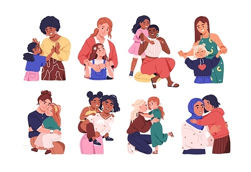 Mothers and daughters set. Happy moms and girls kids hugging, laughing, smiling together. Love, friendship, unity of diverse mums and children. Flat vector illustrations isolated on white background.