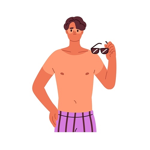 Man with skin sunburns. Funny summer burns on body after sunbath, sun overexposure. Person in sunglasses with reddish UV burnt spots. Flat graphic vector illustration isolated on white background.