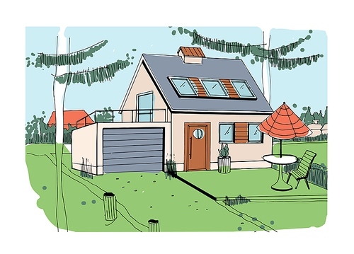 Country house exterior. Sketch of cottage home with lawn on backyard. Outdoor of rural building. Private residential property in village. Real estate architecture. Hand-drawn vector illustration.