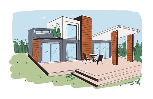 Modern house exterior design from glass, concrete and wood. Sketch of home with terrace and panoramic windows. Outside of building with patio. Contemporary architecture. Colored vector illustration.