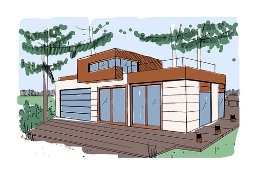 Modern house exterior design. Sketch of rural home with wood terrace and panoramic windows. Outside of building with patio. Contemporary architecture in nature. Colored drawn vector illustration.