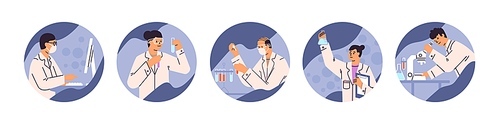 Scientists during medical lab research set. Doctors, experts, and researchers testing vaccines in scientific laboratories. Scenes with science workers conducting experiments. Flat vector illustrations.