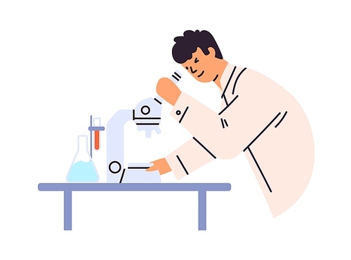 Scientist with microscope at lab research. Doctor with equipment during medical laboratory analysis, science test. Medicine discovery concept. Flat vector illustration isolated on white background.