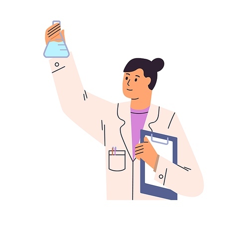 Doctor holding glass flask for lab research. Woman scientist studying chemistry. Medical science discoveries concept. Chemist work in laboratory. Flat vector illustration isolated on white background.