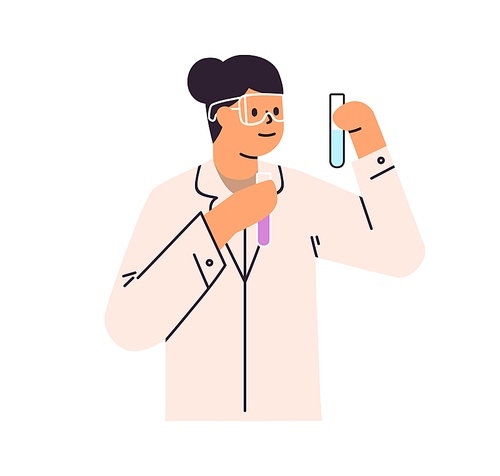 Scientist with lab glass tubes, studying chemistry. Researcher doctor at chemical experiment and science research, analyzing laboratory liquids. Flat vector illustration isolated on white background.
