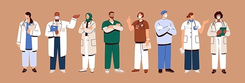 Doctors, medical staff set. General practitioners, medics, physicians, therapists and paramedics standing portraits. Clinic, hospital workers in uniform. Isolated flat graphic vector illustrations.