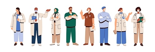 Doctors, medics set. Physicians, therapists, paramedics, hospital workers. Medical staff, general practitioners, surgeons in uniform. Flat graphic vector illustrations isolated on white background.