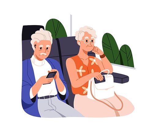 Old passengers with mobile phones during travel. Senior people, modern elderly man and woman sitting on seats, using smartphones in trip. Flat graphic vector illustration isolated on white background.