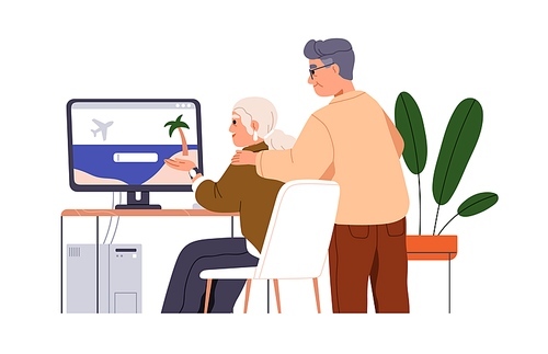Old tourists couple choosing tour online. Modern senior spouse surfing, browsing internet for holiday travel, trip at computer, using technology. Flat vector illustration isolated on white background.