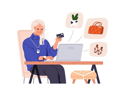 Elderly woman during internet shopping at computer. Senior female buying, ordering, paying for purchase with credit card in online store. Flat graphic vector illustration isolated on white background.