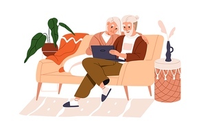 Old couple surfing internet, using technology together. Senior aged man and woman resting with laptop at home, browsing online, sitting on sofa. Flat vector illustration isolated on white background.