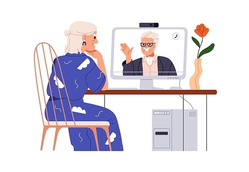 Senior love couple, online video conference call. Old woman and man talking through internet. Elderly romantic wife and husband at remote date. Flat vector illustration isolated on white background.