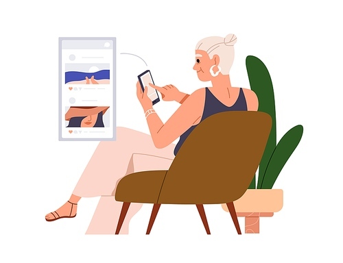 Senior woman surfing online, social media network. Old lady using internet on mobile phone. Modern elderly female holding smartphone in hand. Flat vector illustration isolated on white background.
