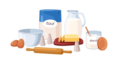 Baking ingredients, tools. Kitchen utensils, cooking food stuff for bakery. Flour bag, milk jug, starch, butter, egg for confectionery. Flat cartoon vector illustration isolated on white background.