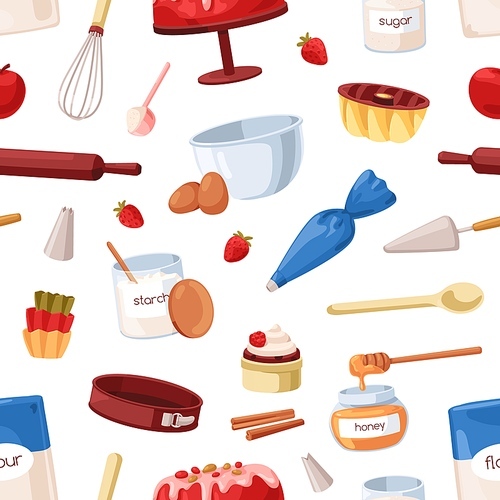 Seamless baking pattern with bakery tools, cooking utensils, confectionery ingredients. Bakers repeating print, endless culinary background for wrapping, textile. Flat cartoon vector illustration.