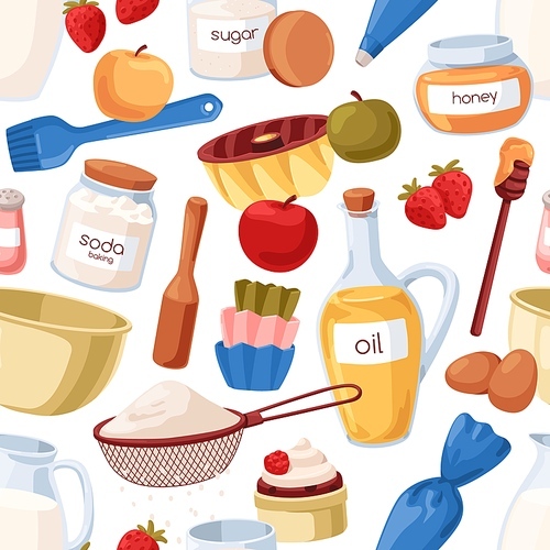 Baking ingredients, utensils pattern. Seamless background, bakery and confectionery accessories. Culinary repeating print, endless texture design with professional stuff. Flat vector illustration.