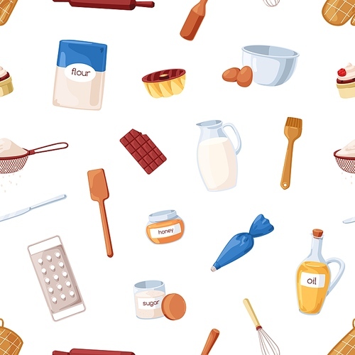 Baking ingredients, cooking tools, seamless pattern. Repeating print, kitchen utensils, confectionery supplies, stuff. Endless background for fabric, textile. Colored flat cartoon vector illustration.