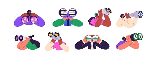 Characters holding binoculars in hands set. People looking, searching job, observing, watching, finding and discovering opportunities. Flat graphic vector illustrations isolated on white background.