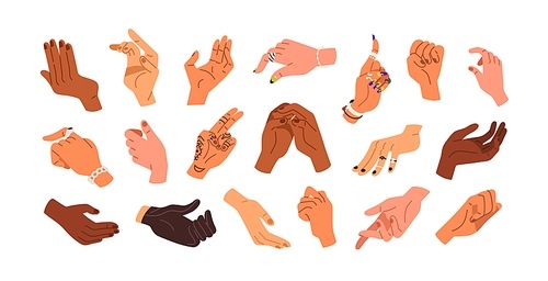 Hands grabbing, gripping, taking. Palms, finger pointing, leaning, grasping, clenching, holding set. Different arm actions, gestures collection. Flat vector illustrations isolated on white background.