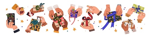 Hand with gifts set. Holding present boxes, holiday packages in festive paper wrapping, tied with ribbon, bow. Christmas and birthday surprises. Flat vector illustrations isolated on white background.