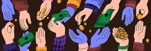 Cashflow, finance, economics concept. Hands exchanging, paying, giving, receiving banknotes, gaining coins, spending money. Cash flow, currency circulation. Financial flat vector illustration.