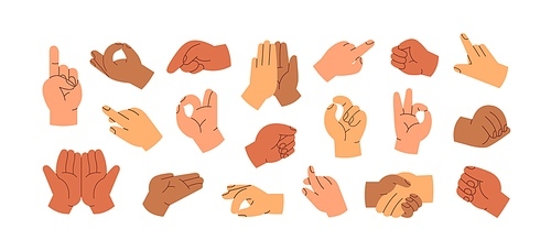 Different hand gestures set. Signs, expressions with pointing fingers, clenched fists, open and greeting palms. OK symbol, handshake, touching. Flat vector illustrations isolated on white background.