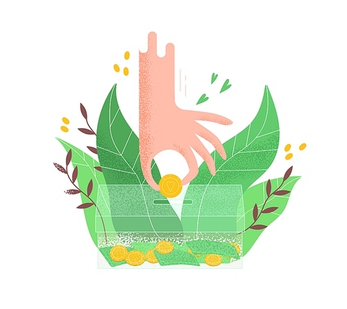 Human hand putting golden coin into transparent money box vector flat illustration. Philanthropist arm hold cash surrounded by tropical leaves isolated. Concept of donation, charity and saving money.