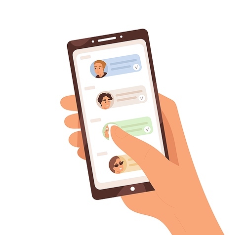 Human hand holding smartphone with dialogue app on screen vector flat illustration. Person chatting, sharing news and refer friends online isolated on white. Forward messages or information.