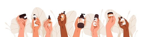 Cosmetic bottles in hands. Holding beauty products for skin care. Organic lotions, oil, serum, face cream in packagings, tubes, droppers. Flat graphic vector illustration isolated on white background.