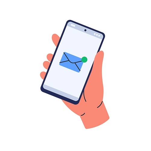 Inbox mail in cell phone app. Smartphone in hand with new message, unread letter. Incoming email, receiving sms on mobile telephone screen. Flat vector illustration isolated on white background.