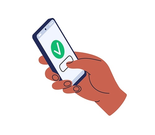 Phone in hand, entering right correct password for security. Unlocking smartphone with check mark on screen. Login, safe access concept. Flat graphic vector illustration isolated on white background.