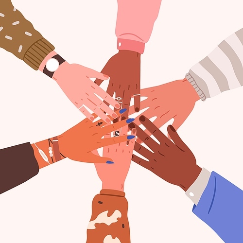 Teamwork, unity and support in community concept. Hands of diverse people group stacking together, top view. Partnership, friendship, togetherness in international team. Flat vector illustration.