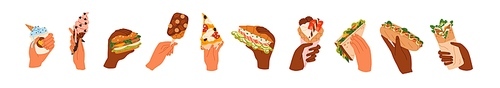 Hands holding fast food, street snacks set. Arms with sweet dessert, takeaway pizza, burger, croissant, hotdog, icecream, sandwich and shawarma. Flat vector illustrations isolated on white background.