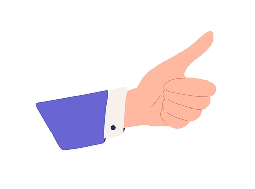 Hand of man gesturing thumb up, approving smth and expressing agreement. OK, Like and Yes sign. Good positive feedback. Concept of support. Flat vector illustration isolated on white background.