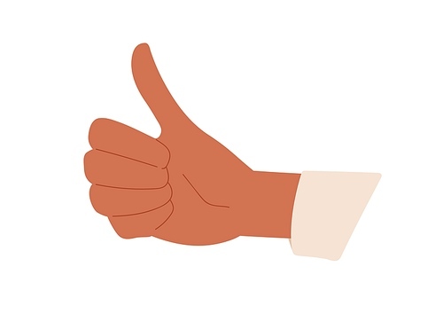 Black-skinned hand of man showing thumb up gesture, approving smth. OK, Like and Yes sign. Good positive feedback. Concept of agreement. Colored flat vector illustration isolated on white background.
