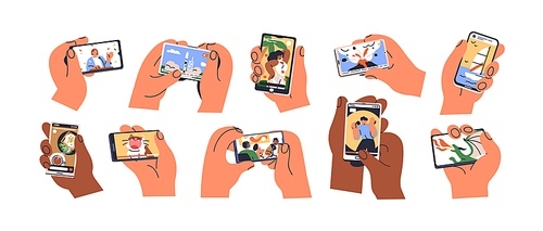 Watching videos online on mobile phone screen. Hand holding smartphone with movies, news media, social network story, series, podcast set. Flat graphic vector illustration isolated on white background.