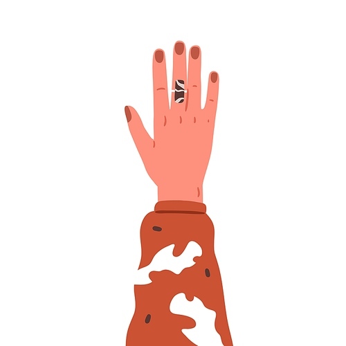 Women hand raised up with chic ring on finger. Female arm with classy gem stone, jewel, rich jewellery, neat red nails. Flat graphic vector illustration isolated on white background.