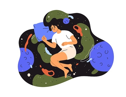 Woman dreamer floating in space, dreaming, sleeping. Person asleep, relaxing on pillow in cosmos. Healthy night relaxation concept. Flat graphic vector illustration isolated on white background.