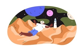 Fantasy dream, imagination concept. Dreamer flying, exploring imaginative world, dreamscape. Person travel in fantastic fairytale space. Flat graphic vector illustration isolated on white background.