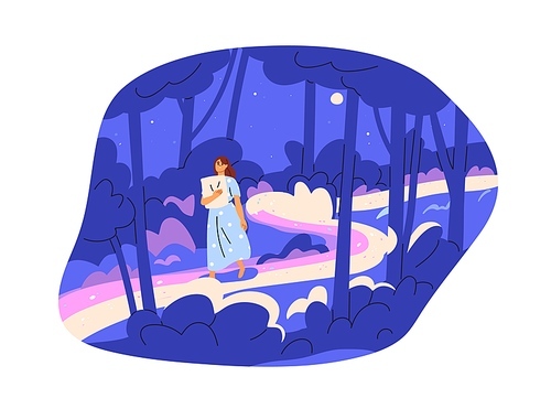 Sleepwalk, somnambulism concept. Sleepwalker dreamer walks in night fantasy forest, explores dreamscape. Woman somnambulist in nightmare. Flat graphic vector illustration isolated on white background.