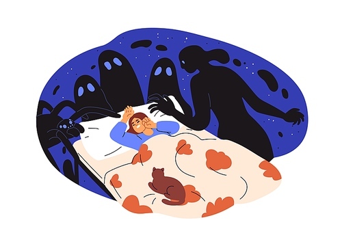 Nightmare, bad night horror dream concept. Scary monsters, creepy shadows around afraid frightened anxious woman in fear, sleeping in bed. Flat vector illustration isolated on white background.
