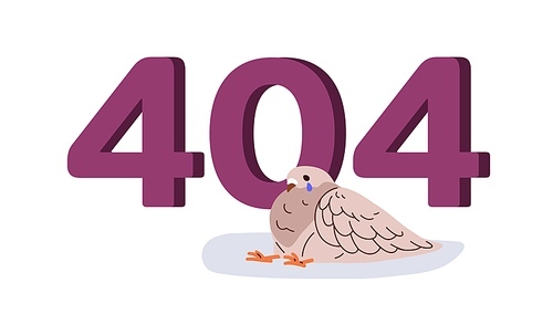 404 error page, web site not found. Funny comic design of wrong webpage with crying bird. Mistake message, access and loading failure. Flat graphic vector illustration isolated on white background.