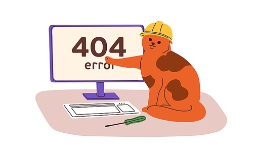 404 error, page not found, wrong website design with cute cat. Webpage failure, internet connection trouble, technical problem concept. Flat graphic vector illustration isolated on white background.