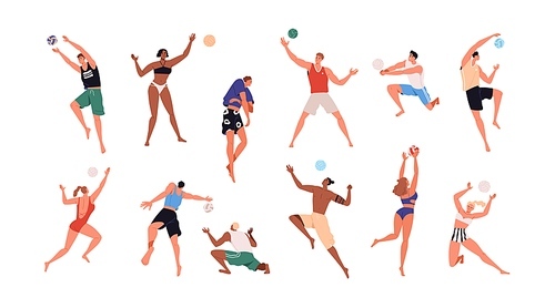 Men, women playing summer beach volleyball set. Volley ball players in action during active sport game. People in bikini at beachvolley. Flat graphic vector illustrations isolated on white background.
