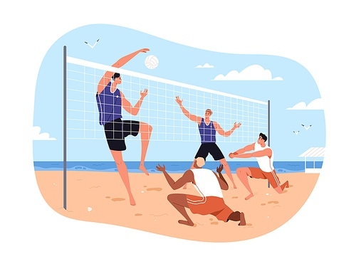Men teams play beach volleyball with net on sand, sea shore on summer vacation. Friends during volley ball, sport game, holiday leisure activity. Flat vector illustration isolated on white background.