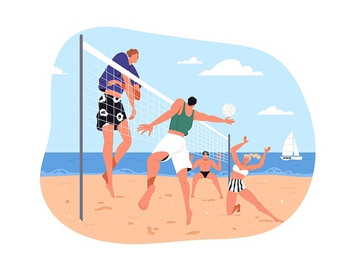 Summer beach volleyball. People teams playing volley ball with net on sand at sea coast on holiday. Beachvolley, seaside sport activity. Flat vector illustration isolated on white background.