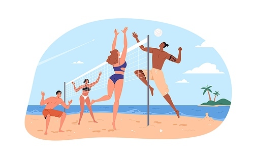 People playing beach volleyball on summer holiday. Players teams on sand court with net at sea coast. Volley ball game at seaside. Flat graphic vector illustration isolated on white background.